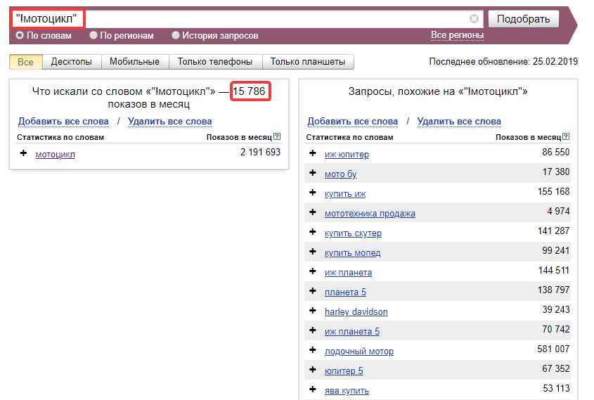 Точное вхождение ключевой фразы в Яндекс.Wordstat