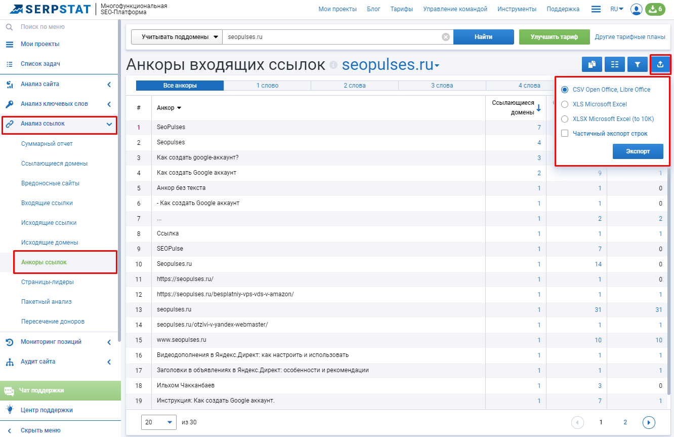 анализ ссылок Serpstat анкоры