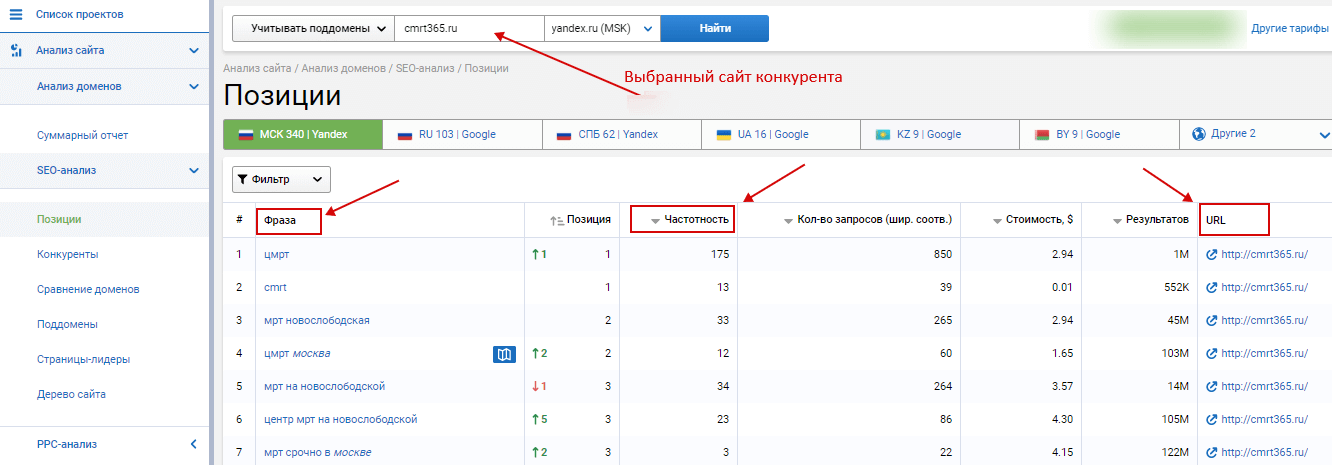 Анализ позиций ключевых фраз домена