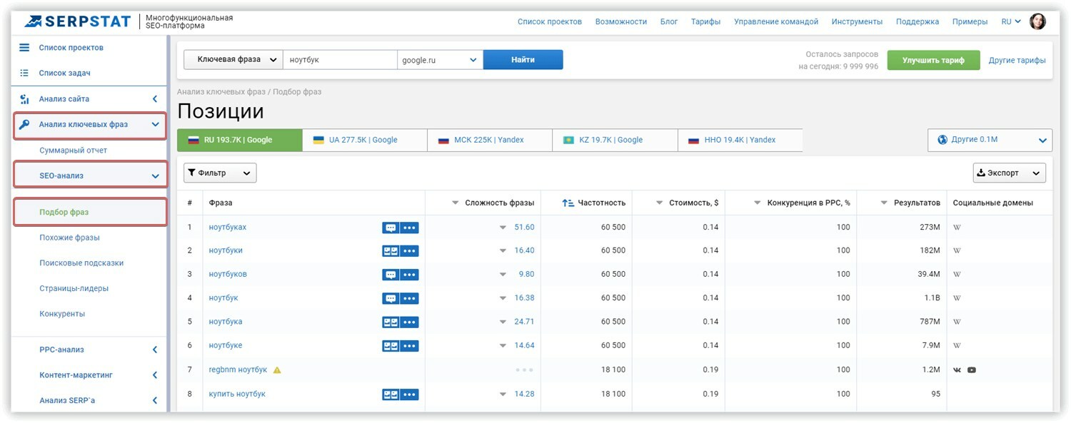 Подбор ключевых фраз Serpstat