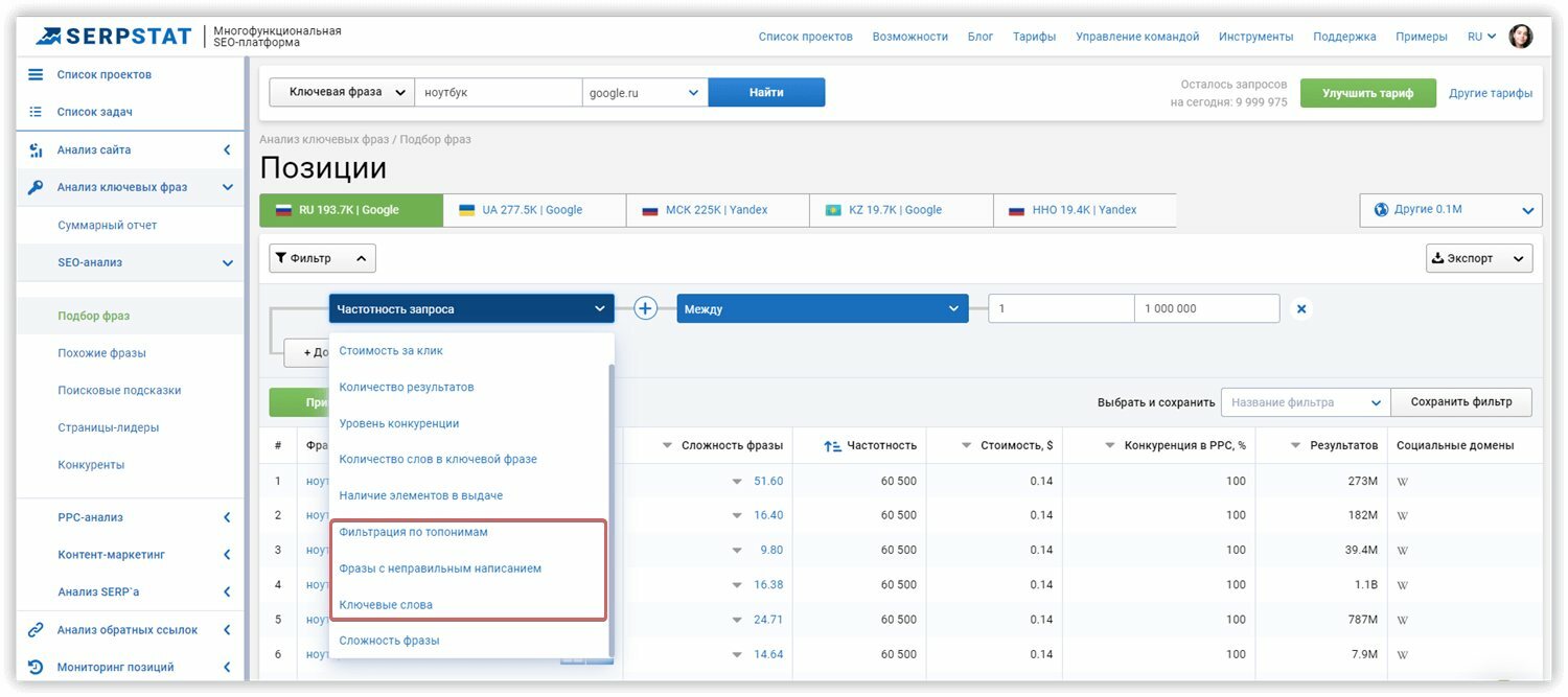 Фильтрация ключевых слов в Serpstat