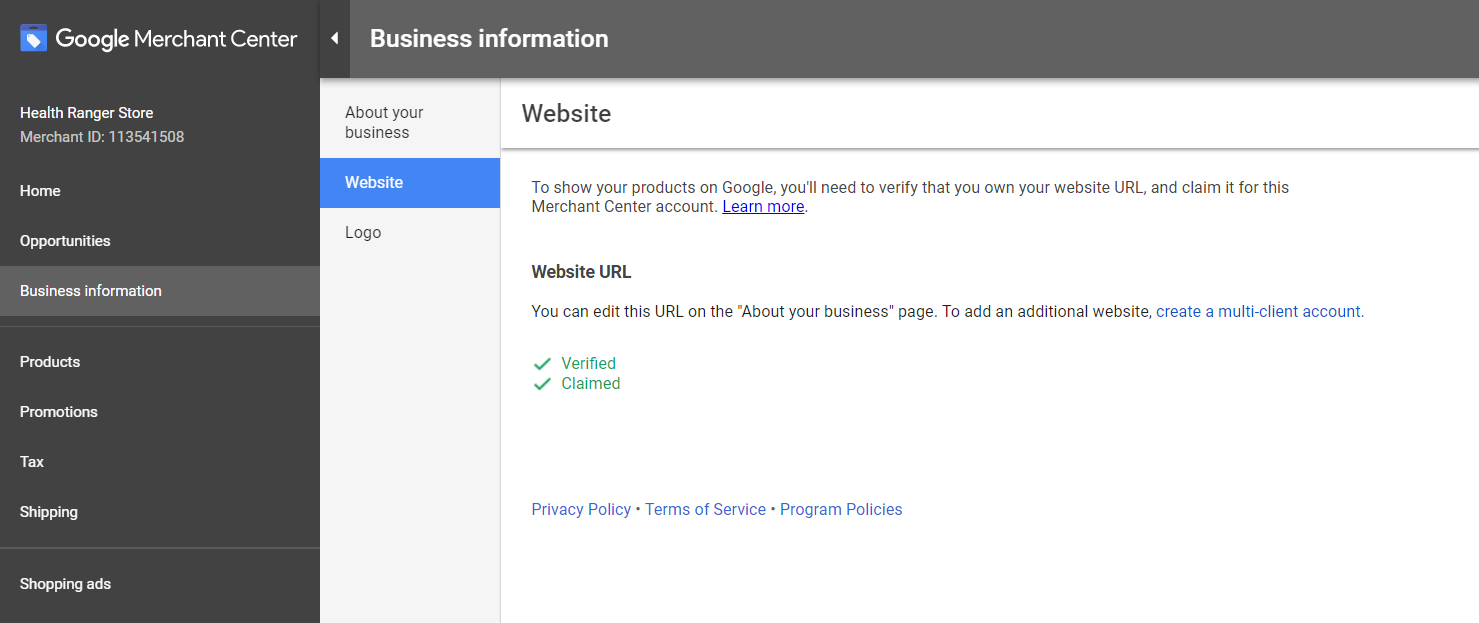 Скриншот настройки Google Merchant Center