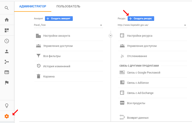 Создание ресура в Google Analytics