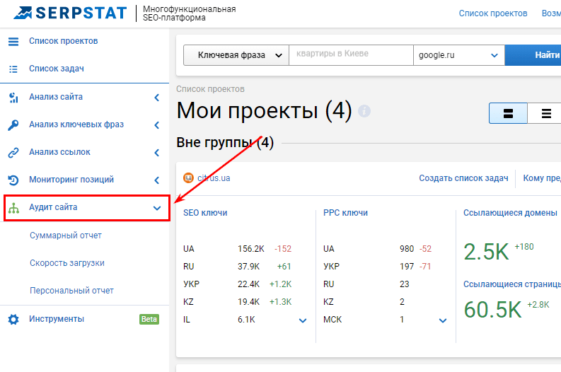 Аудит сайта в Serpstat