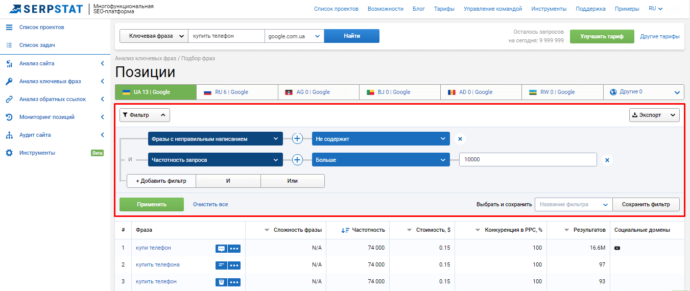 Фильтры для ключевых слов в Serpstat