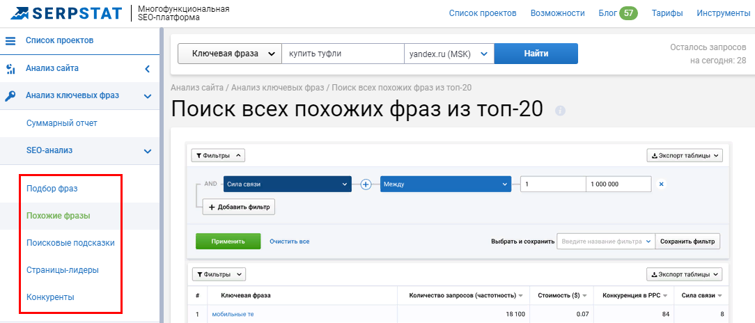 Анализ ключевых фраз в Serpstat