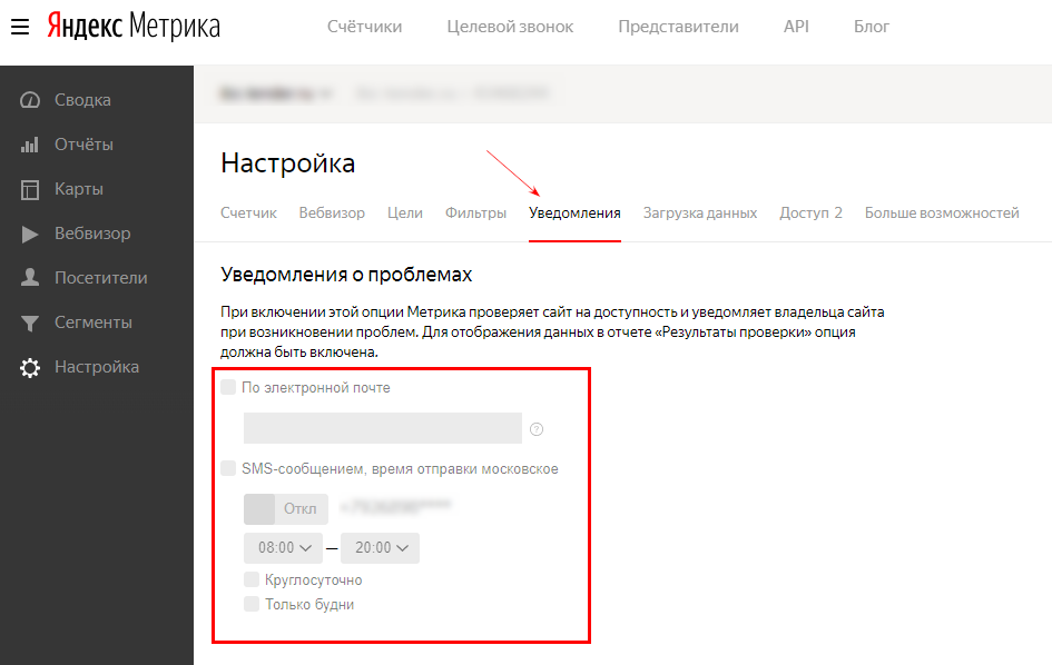 Уведомления о проблемах в Яндекс.Метрике