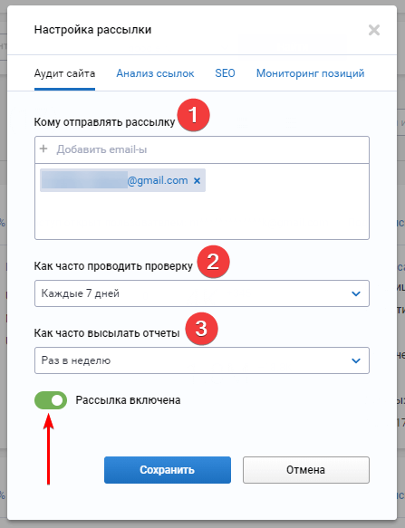 Детальная настройка аудита и рассылки по аудиту сайта