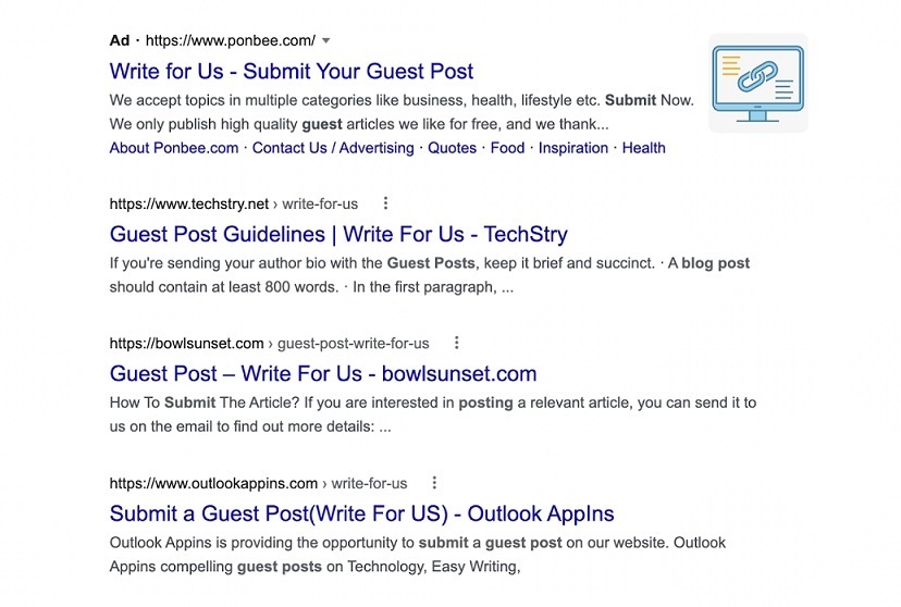 Google Search Results Page you get when you use advanced search operators. It includes a list of websites that accept guest posts