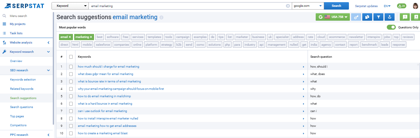 Serpstat Keyword Search Suggestions