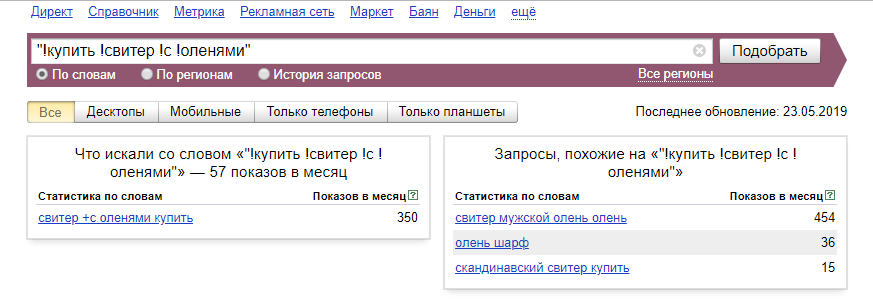 Статистика запросов Яндекс.Вордстат с использованием операторов