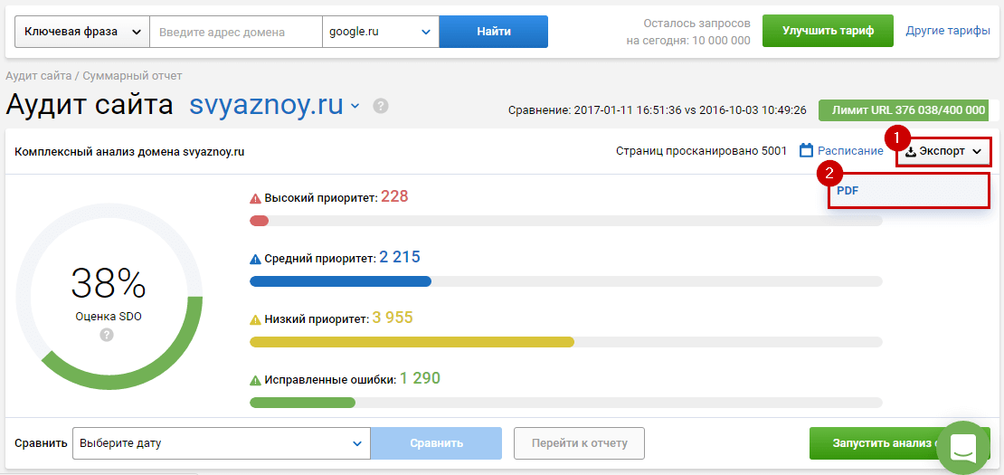 Экспорт результатов аудита сайта в pdf