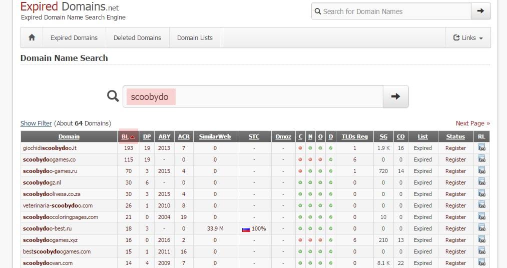 Поиск дропа на Expired Domains