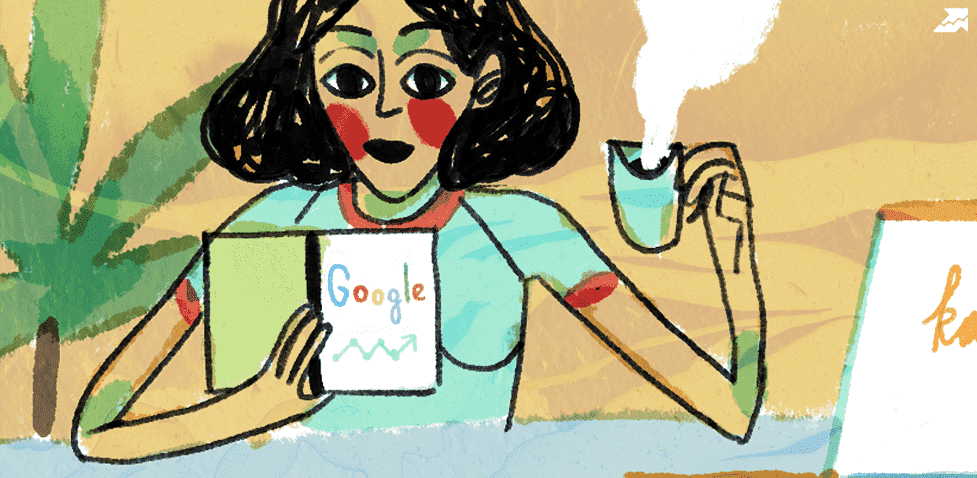 Иллюстрация: девушка читает руководство по Google Analytics