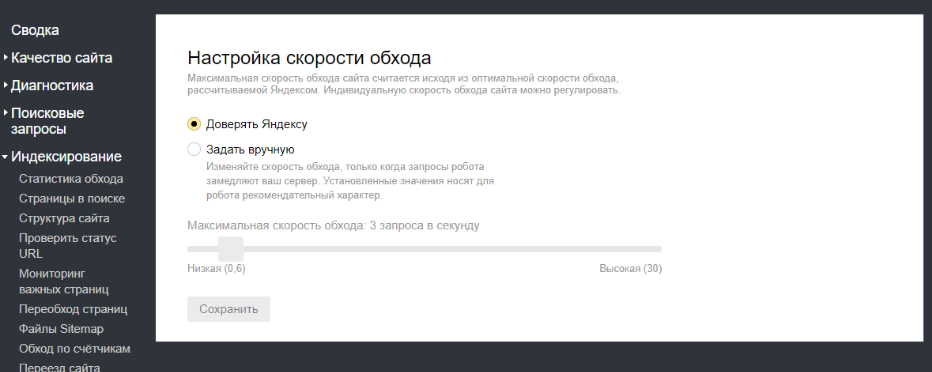 скорость обхода страниц Яндекс вебмастер