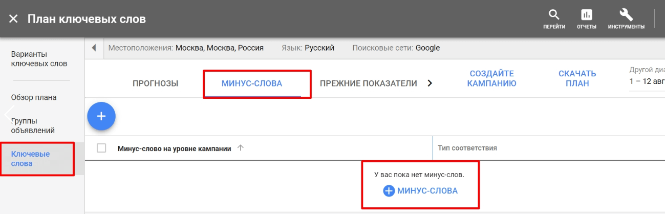 Как убрать в планировщике из списка ключевых слов минус-слова
