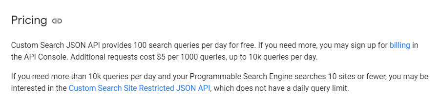 custom search api pricing