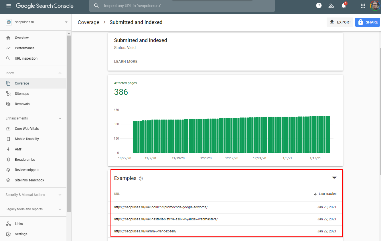 Search Console coverage