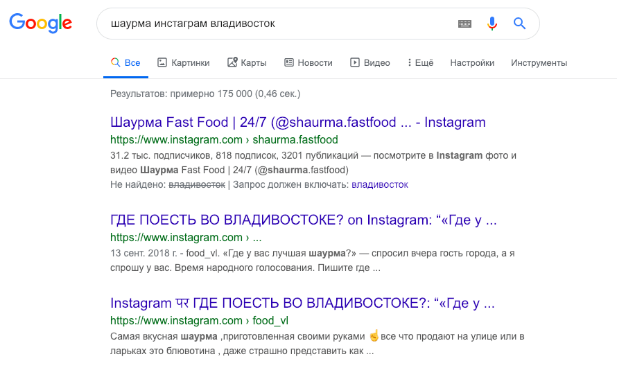 аккаунты инстаграм в выдаче Google