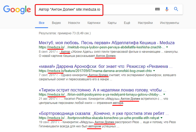 Пример выдачи по запросу + «Точный запрос» site:URL