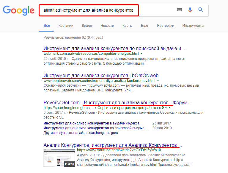 Allintitle полное вхождение фразы в Title страницы