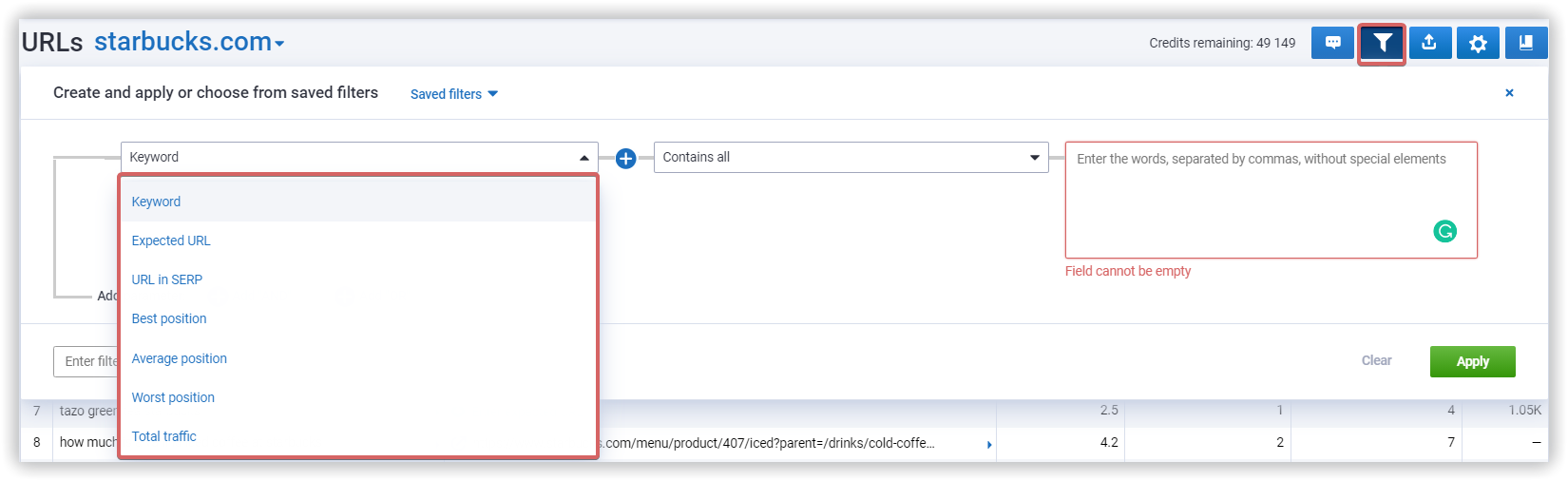 Filters in URL's report