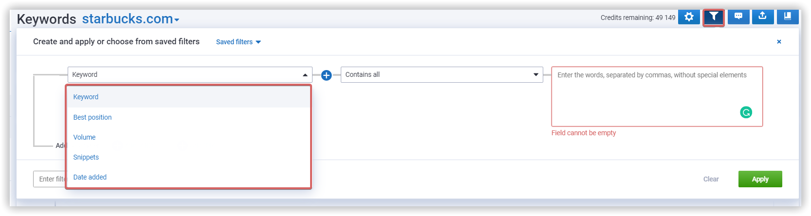 Filters in Keywords report