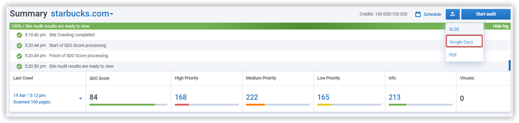 Export via Google Docs in the Site Audit tool