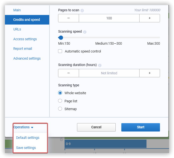 Save settings in the Site audit project