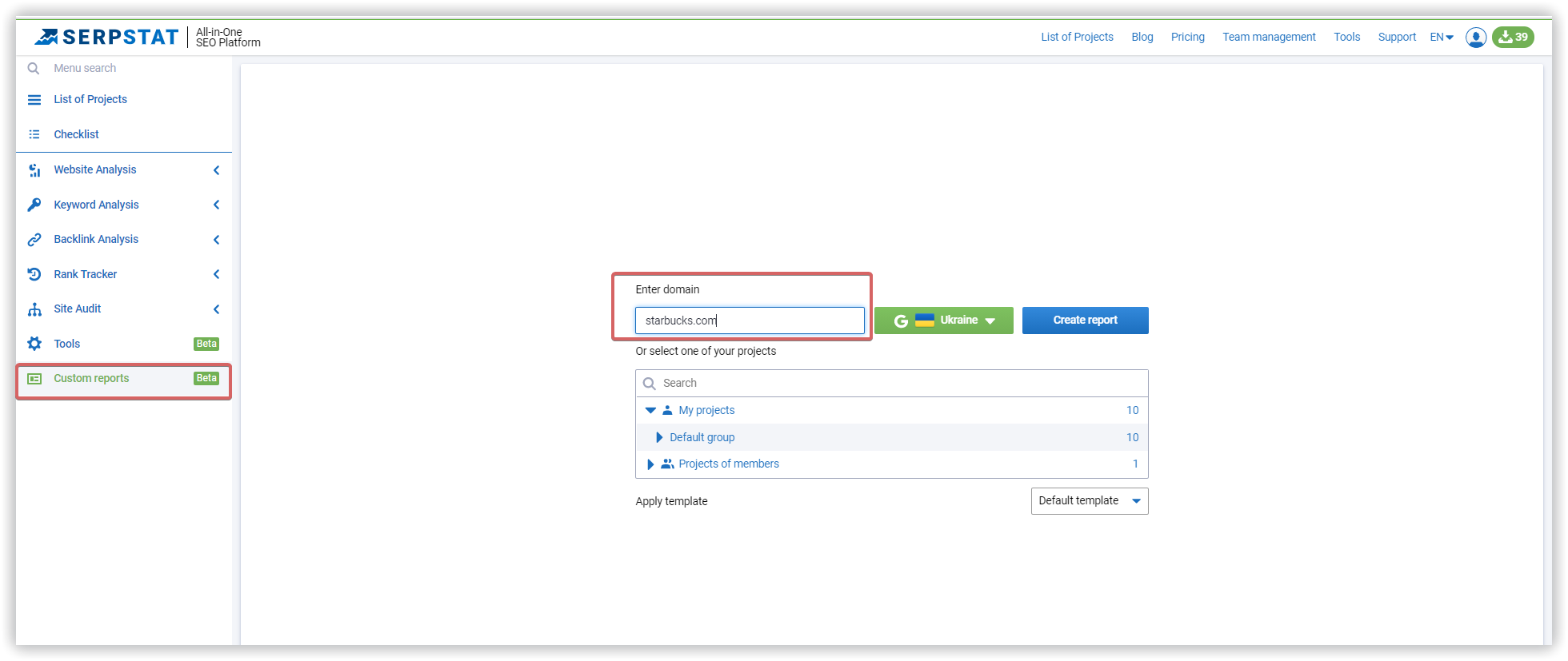 Custom reports Serpstat