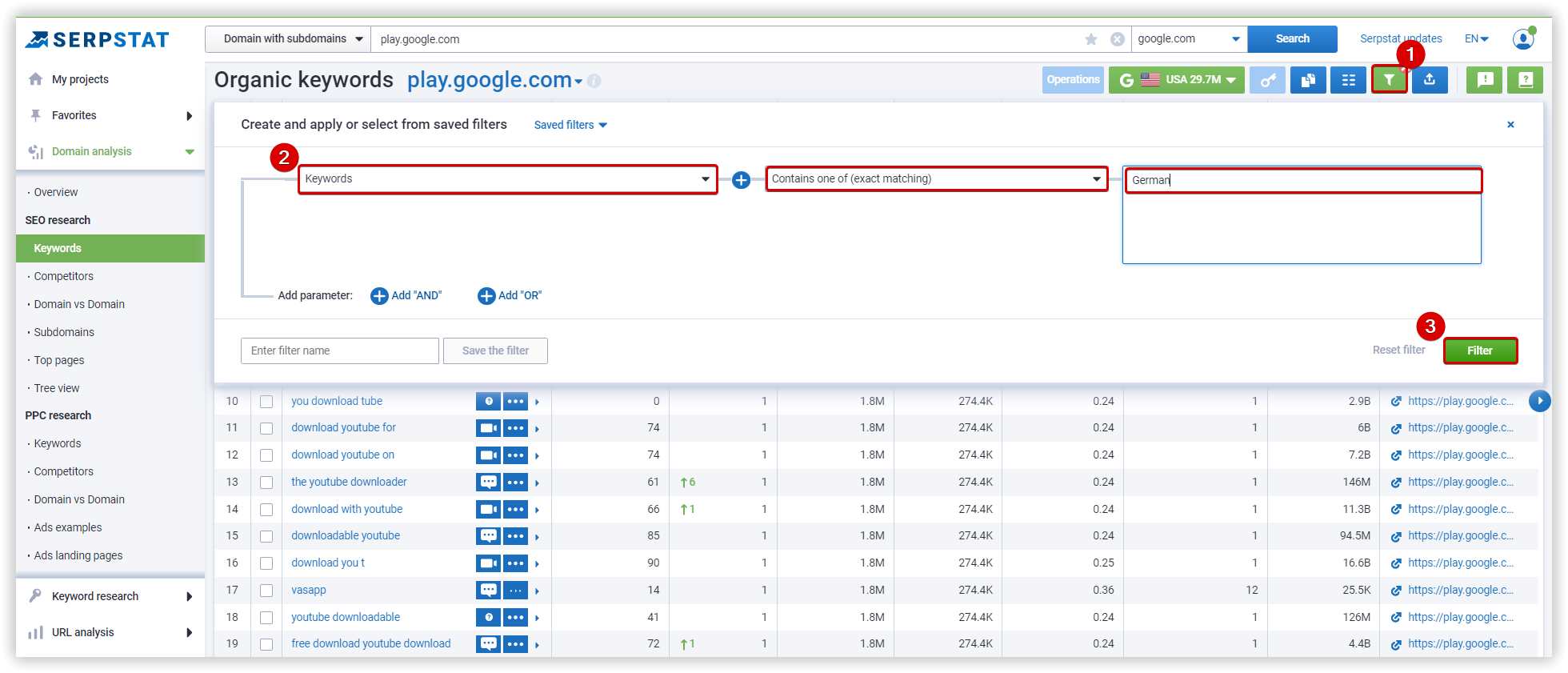 Filtering in Serpstat