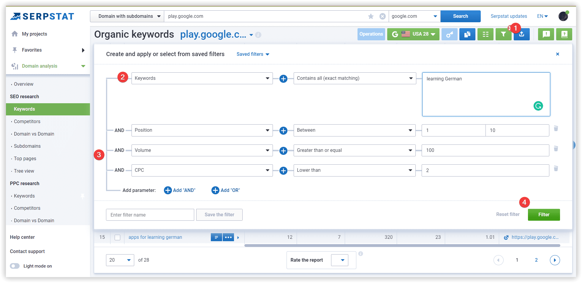 Filtering for keywords in Serpstat