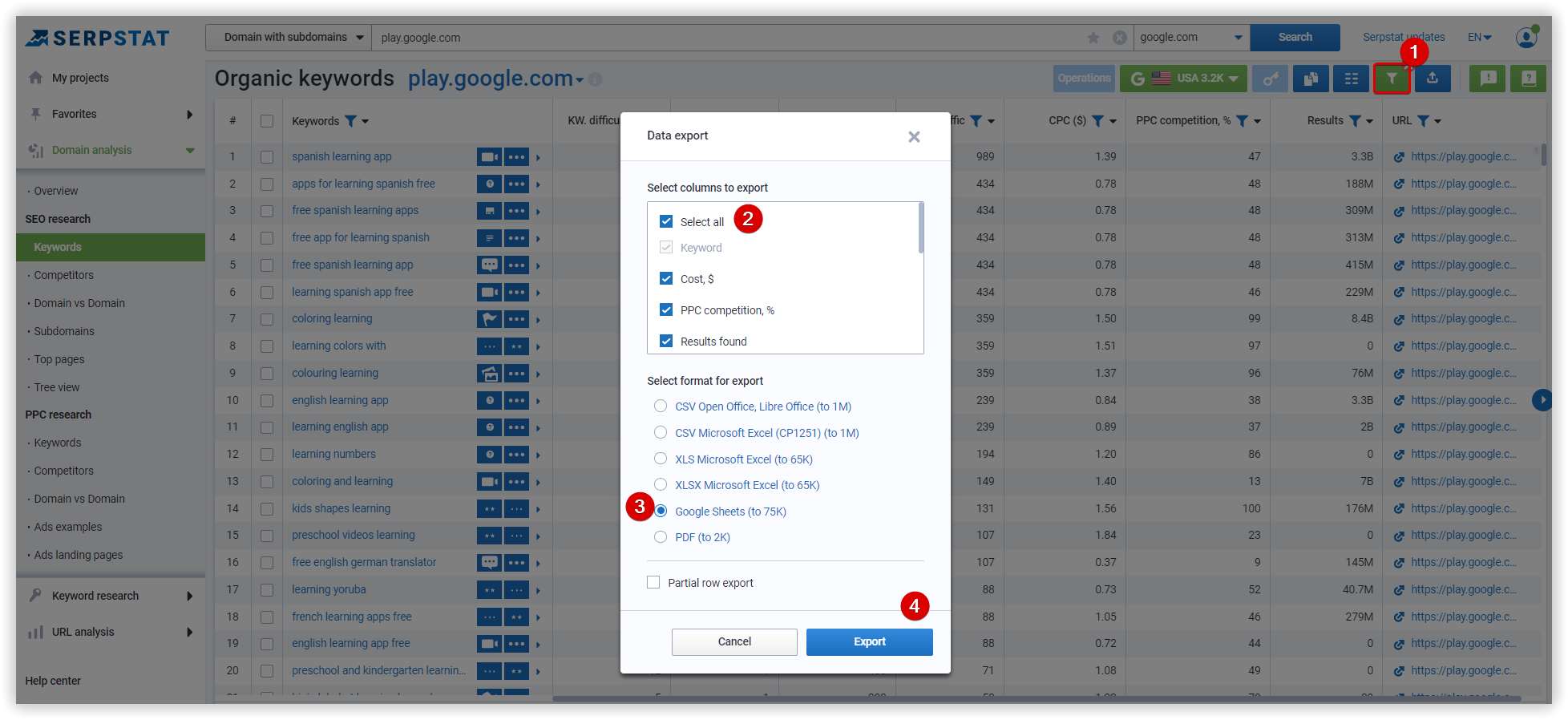 Export of report in Serpstat