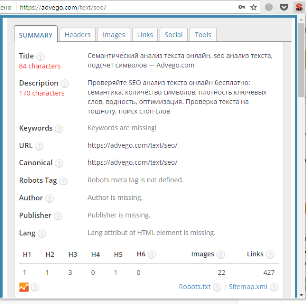 Плагин SEO Meta in One Click отображает полную статистику о странице, ее Title, Description, H1-H6 и прочую SEO информацию