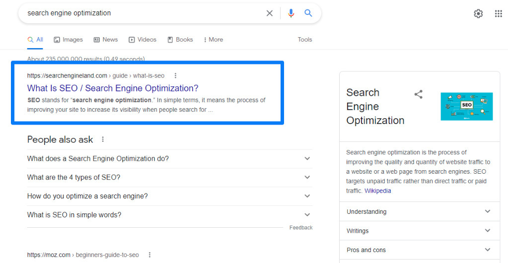Entering "search engine optimization" in the Google search bar