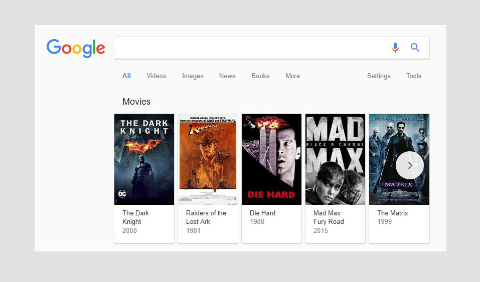 Спецэлемент Google: карусель с фильмами