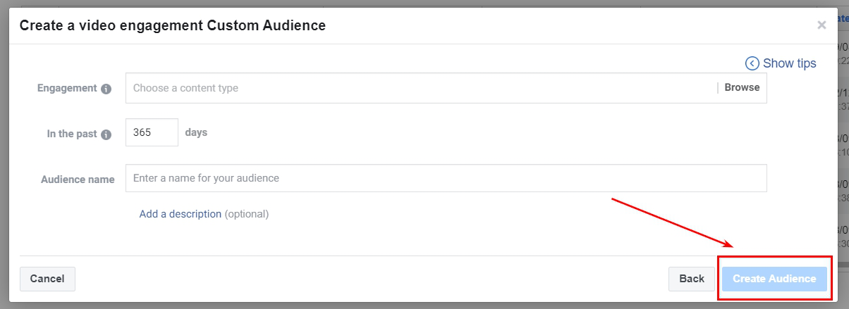 Video engagement custom audience in Facebook