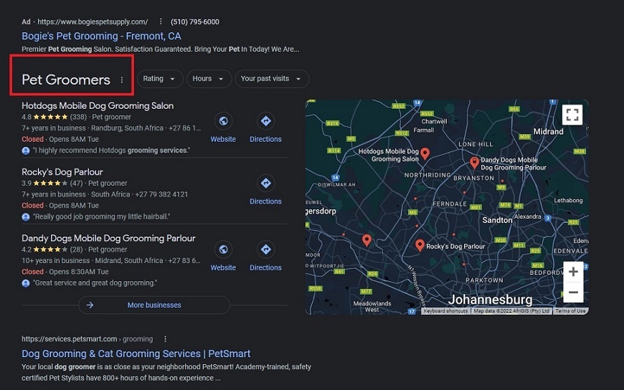 Google's SERP with keywords