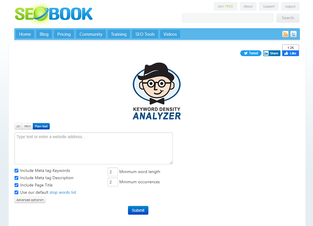 SEOBook Keyword Density Analyzer homepage