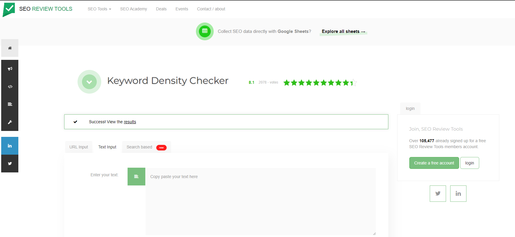 SEO Review Tools Keyword Density Checker homepage
