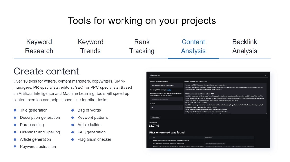 Serpstat Tools: Content Analysis, Backlink Analysis, Keyword Research, Keyword Trends, Rank Tracker