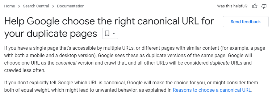 Google Search Central documentation on canonical URLs for duplicate pages