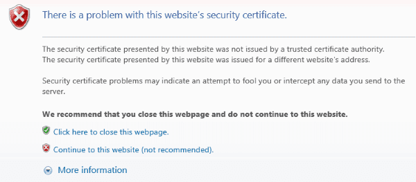 Problem with this website's security certificate