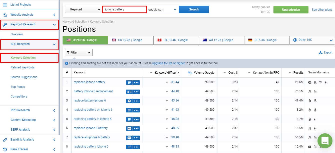 Keyword selection at Serpstat