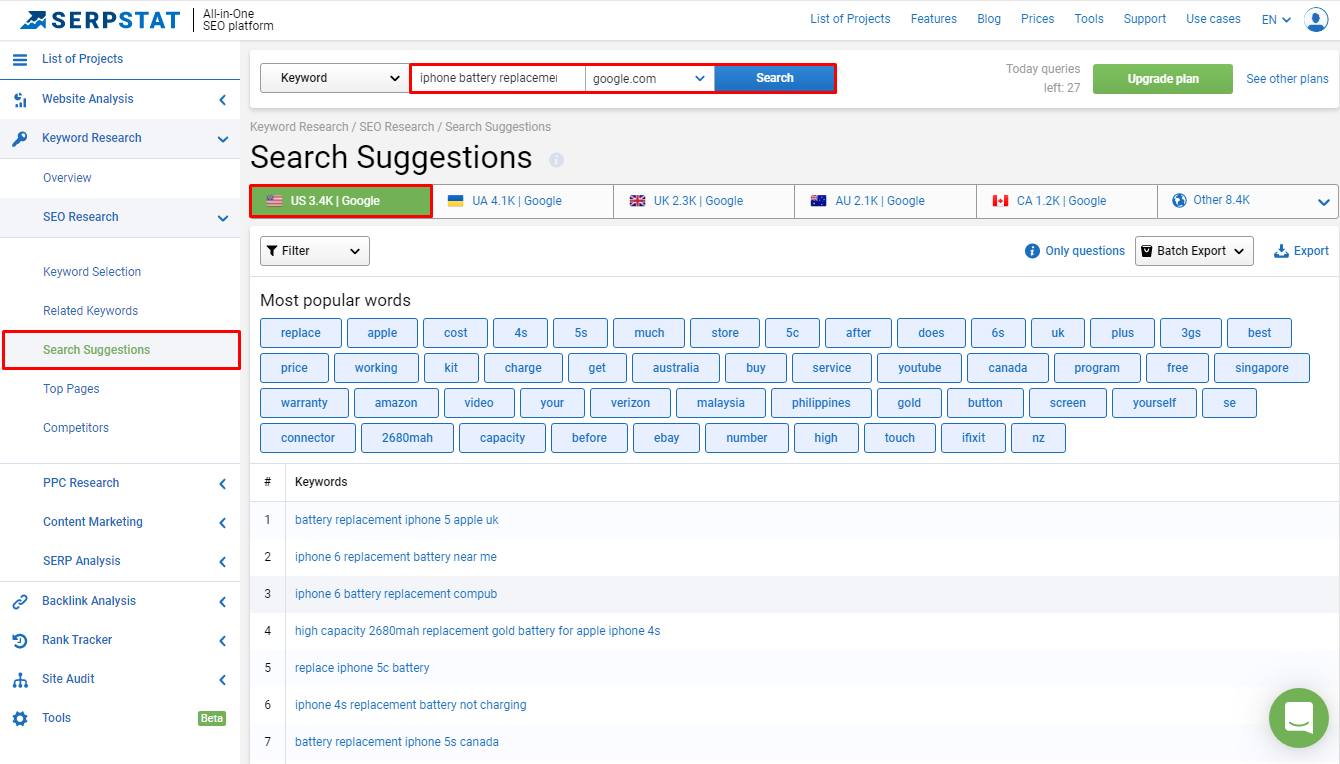 Search suggestions module in Serpstat