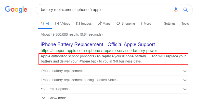 Description appearance in Google search results page
