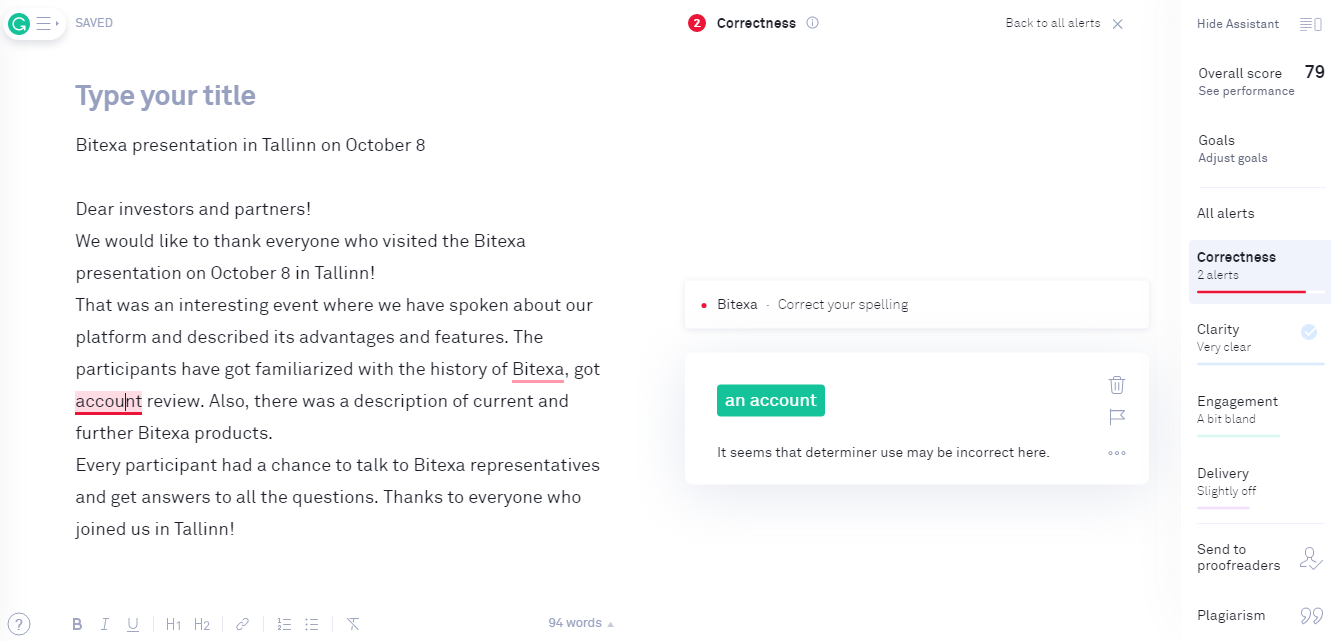 Text analysis on Grammarly