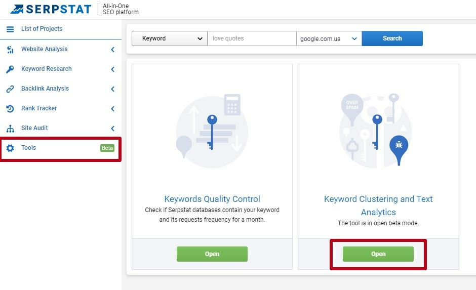 Serpstat Keyword Clustering and Text Analytics 