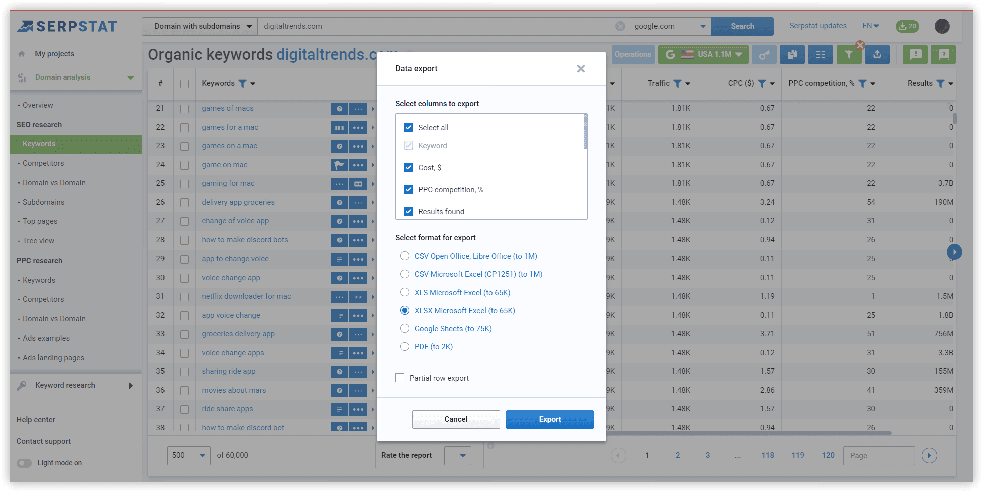 Export in Serpstat