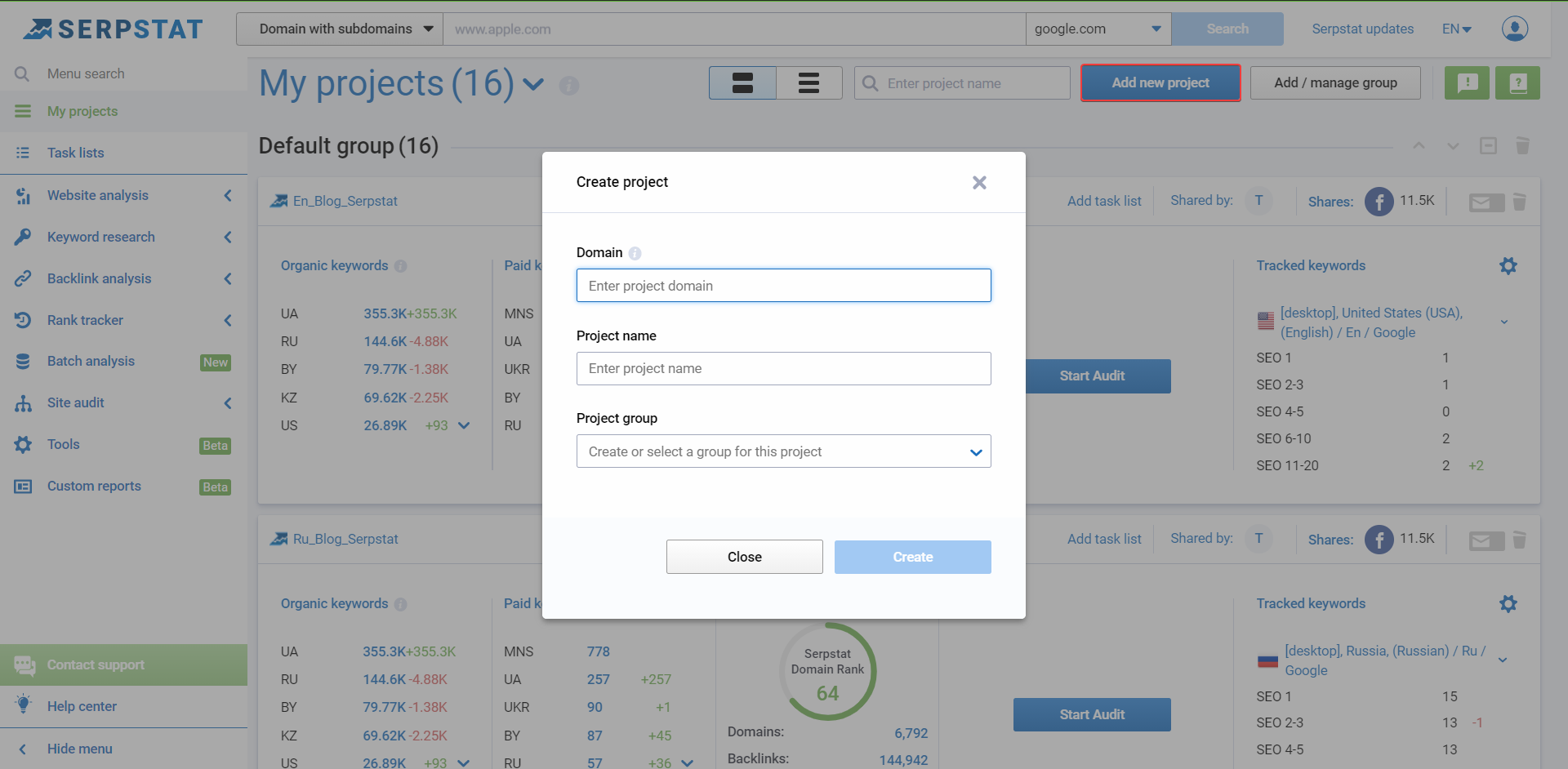 create serpstat project